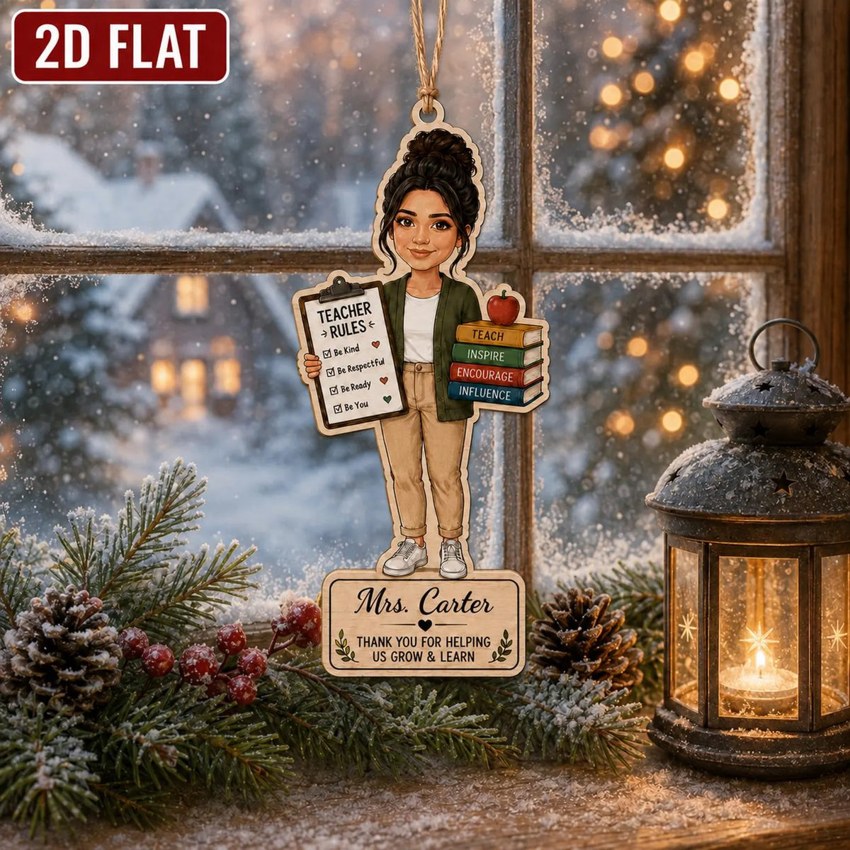 Personalized Teacher Wooden Ornament, Custom Name Teacher Christmas Gift, 2D Flat School Ornament, Thank You Teacher Keepsake 	COBILUMIE101