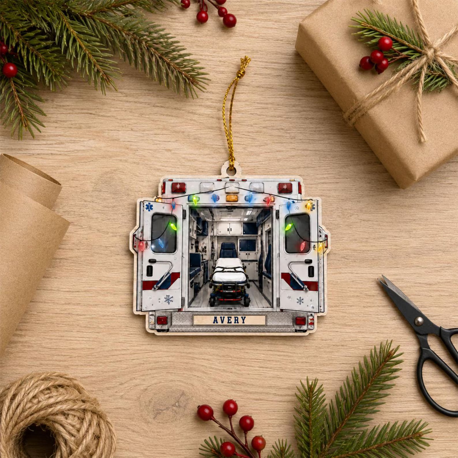 Personalized EMT Wooden Ornament, 2D Flat Paramedic Christmas Ornament, Custom Ambulance Ornament, First Responder Gift, EMT Keepsake	COBILUMIE105