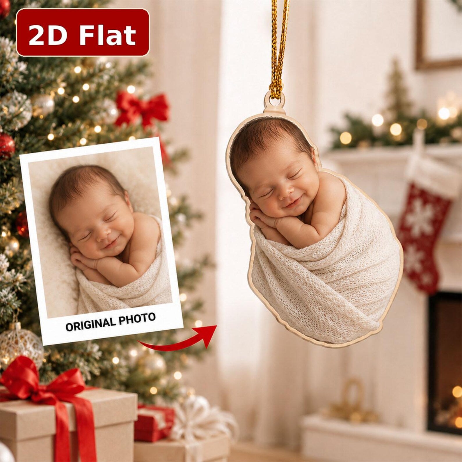 Personalized Baby First Christmas Ornament 2026, Custom Photo Wooden Keepsake, Santa Sleigh Ornament, Newborn Christmas Gift	COBILUMIE111