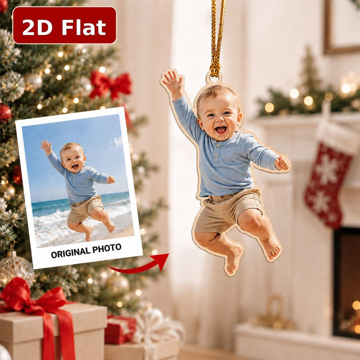 Personalized Baby First Christmas Ornament 2026, Custom Photo Wooden Keepsake, Santa Sleigh Ornament, Newborn Christmas Gift	COBILUMIE111