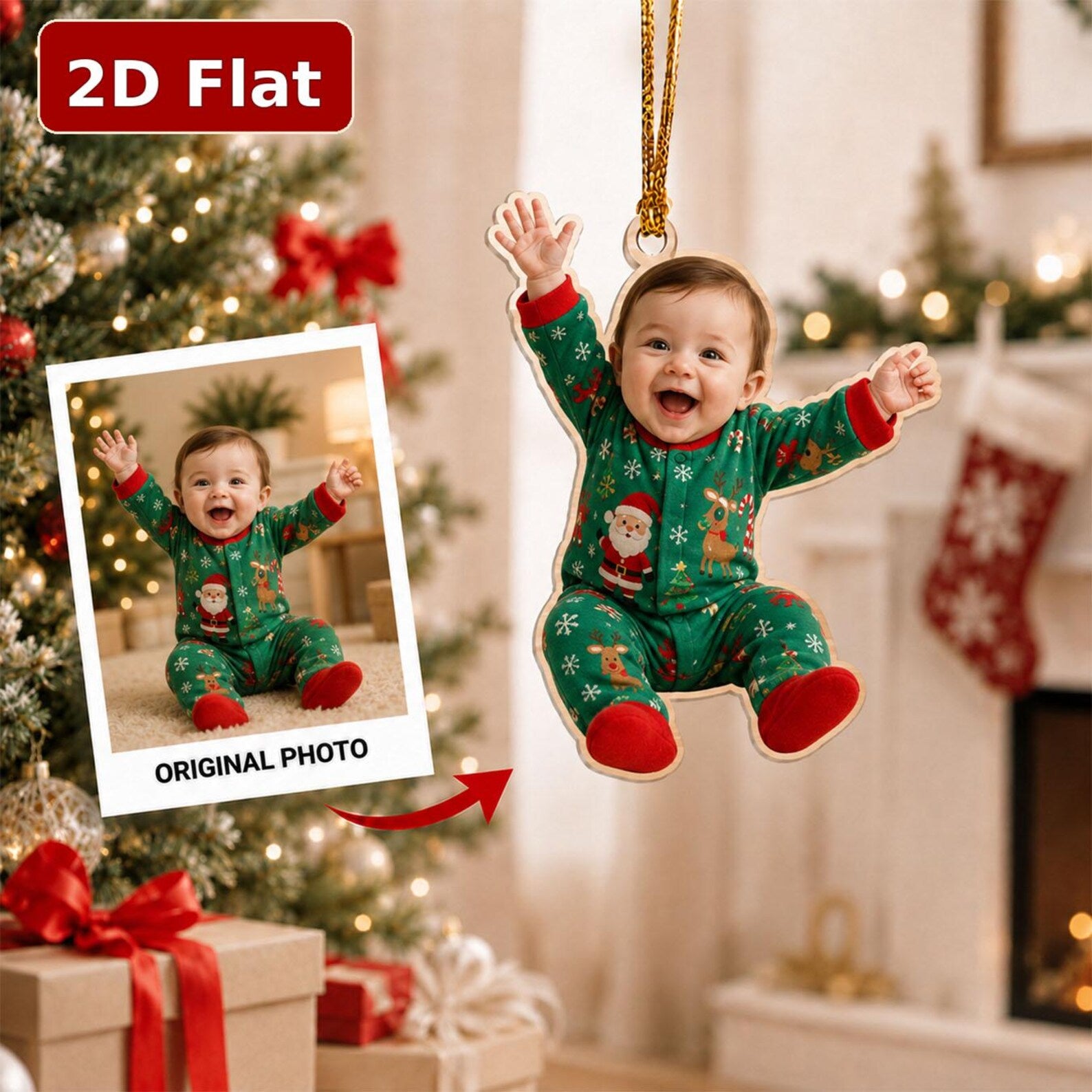 Personalized Baby First Christmas Ornament 2026, Custom Photo Wooden Keepsake, Santa Sleigh Ornament, Newborn Christmas Gift	COBILUMIE111