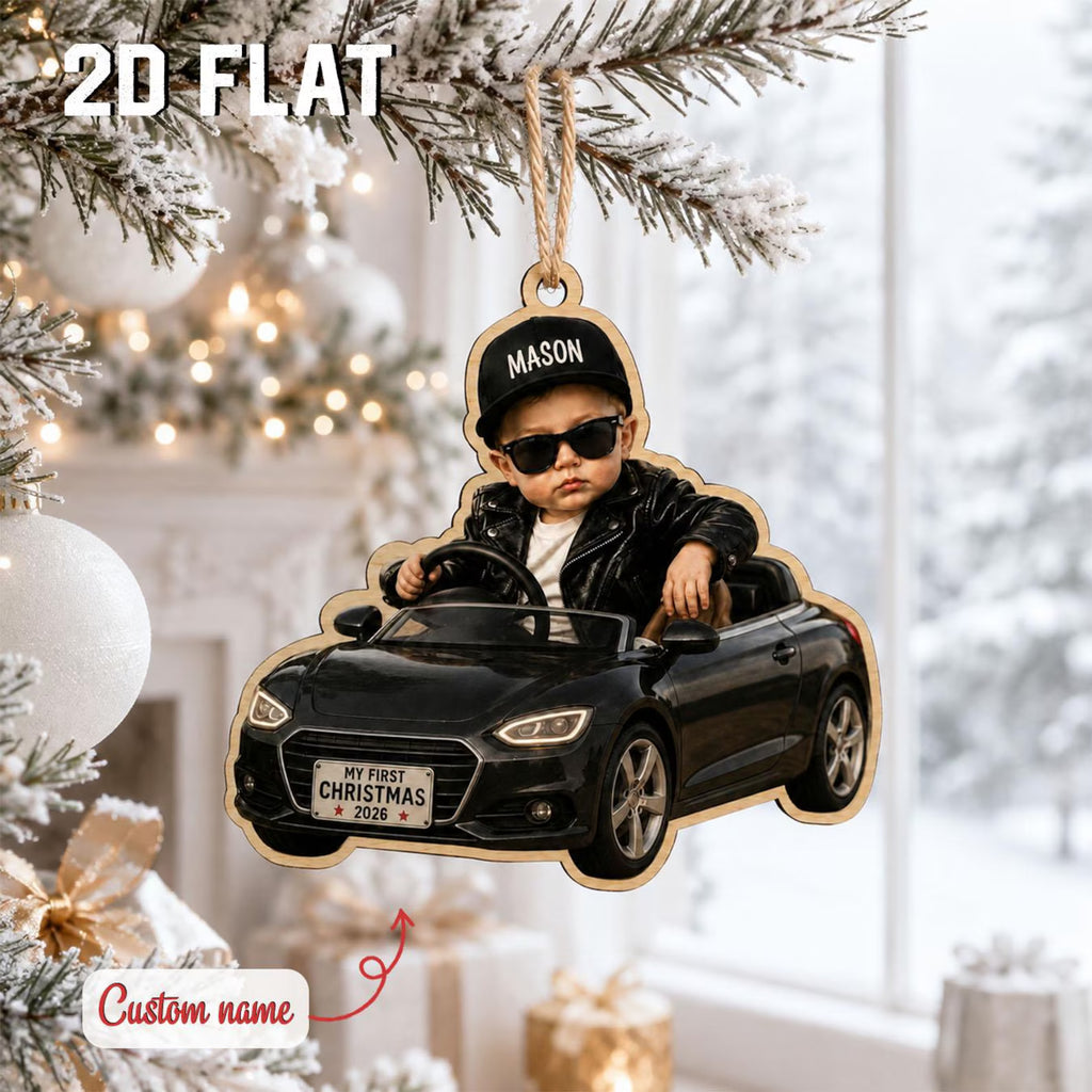Personalized Baby Photo Christmas Ornament, Custom Name Wooden Sleigh Ornament, Baby First Christmas Keepsake, Newborn Holiday Gift	COBILUMIE112