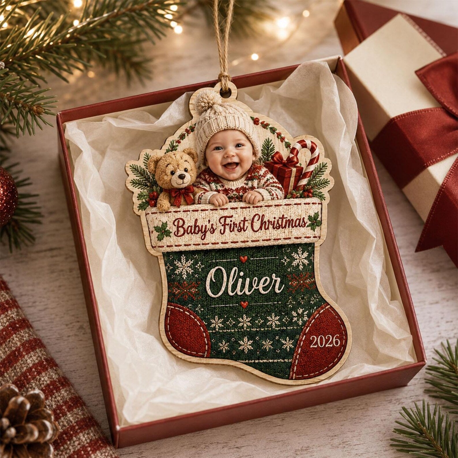 Personalized Baby First Christmas Ornament 2026, Custom Photo Wooden Gift Box Ornament, Newborn Keepsake, New Parents Holiday Gift	COBILUMIE116