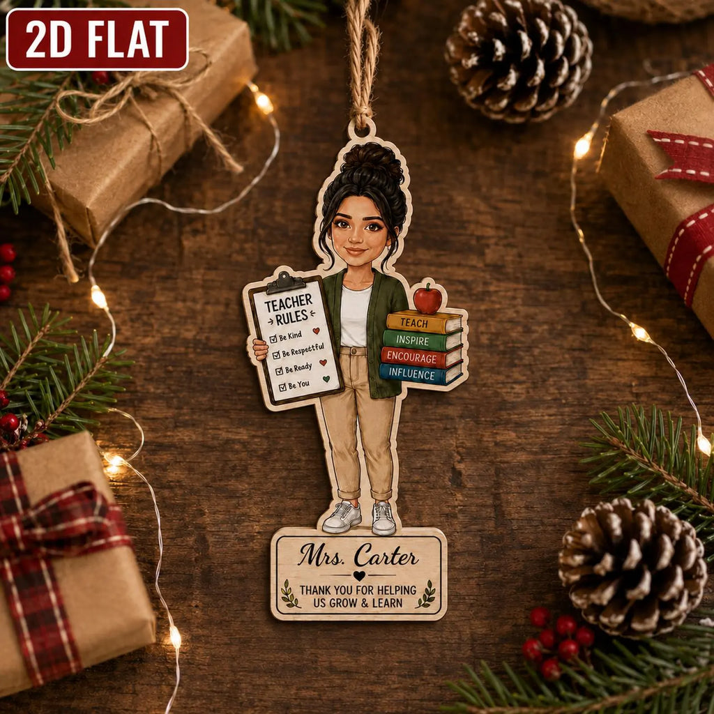 Personalized Teacher Wooden Ornament, Custom Name Teacher Christmas Gift, 2D Flat School Ornament, Thank You Teacher Keepsake 	COBILUMIE101
