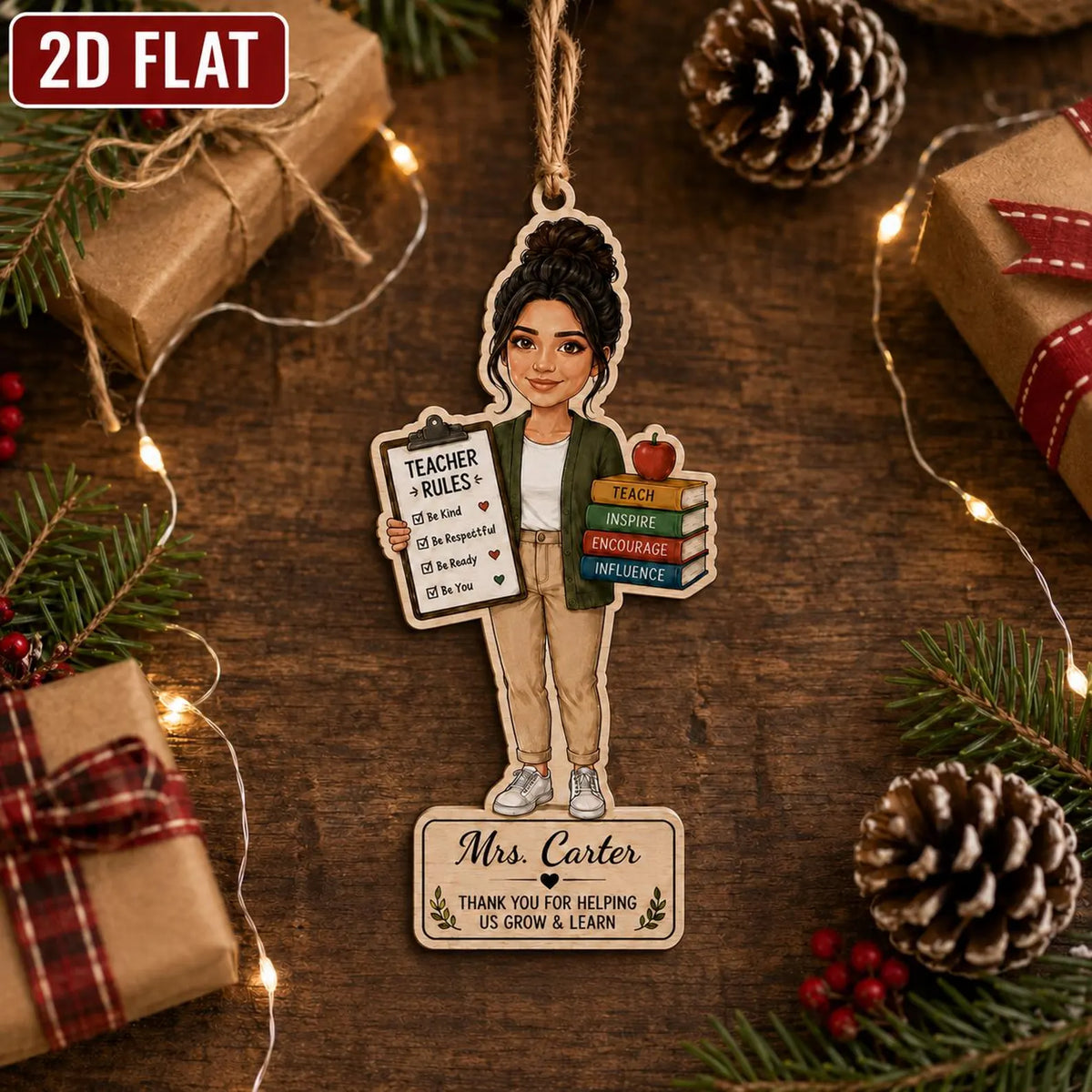 Personalized Teacher Wooden Ornament, Custom Name Teacher Christmas Gift, 2D Flat School Ornament, Thank You Teacher Keepsake 	COBILUMIE101