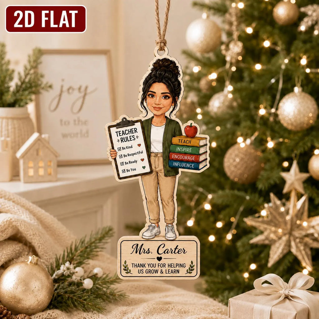 Personalized Teacher Wooden Ornament, Custom Name Teacher Christmas Gift, 2D Flat School Ornament, Thank You Teacher Keepsake 	COBILUMIE101