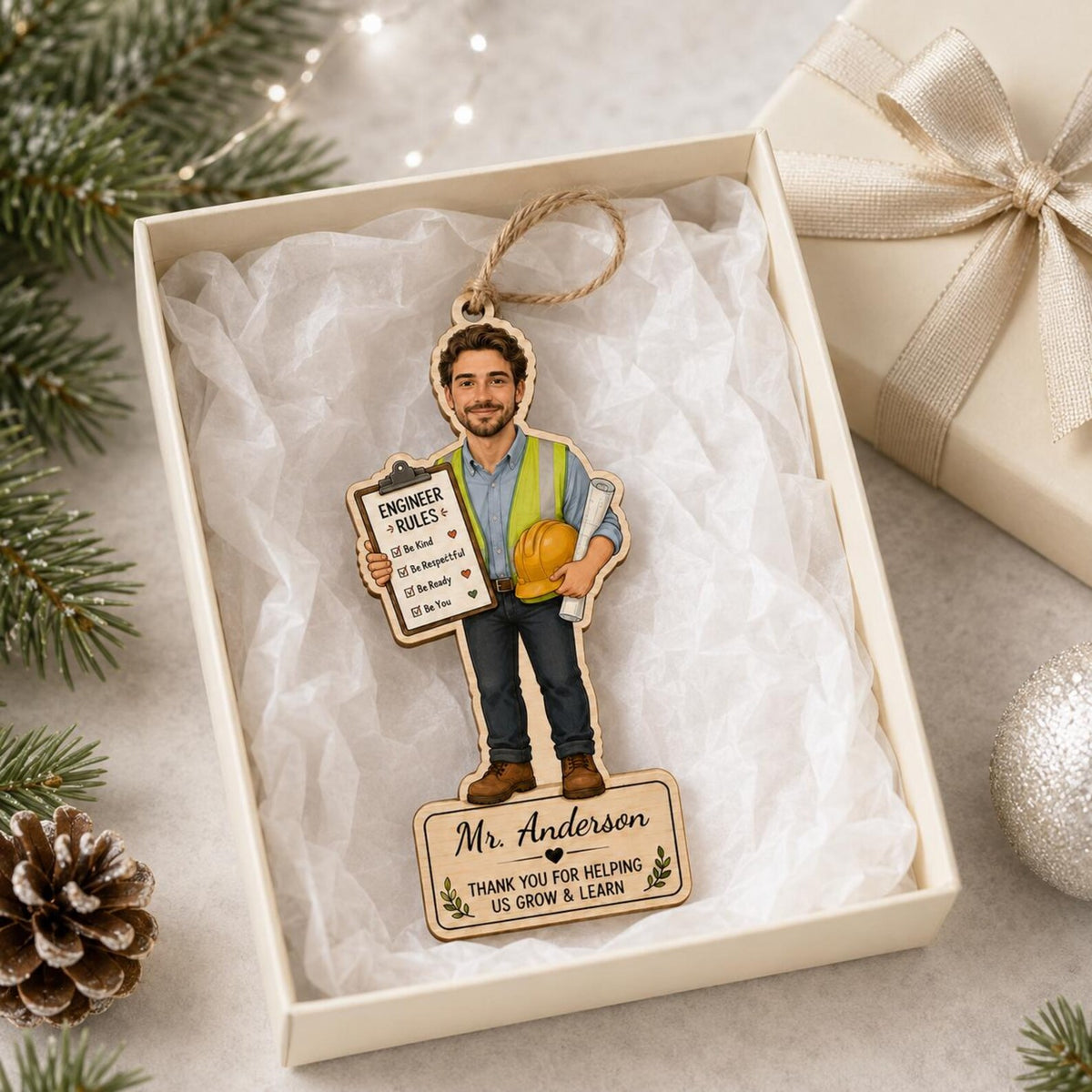 Personalized Engineer Wooden Ornament, Custom Name Engineer Christmas Gift, 2D Flat Civil Engineer Ornament, Engineering Keepsake 	COBILUMIE102