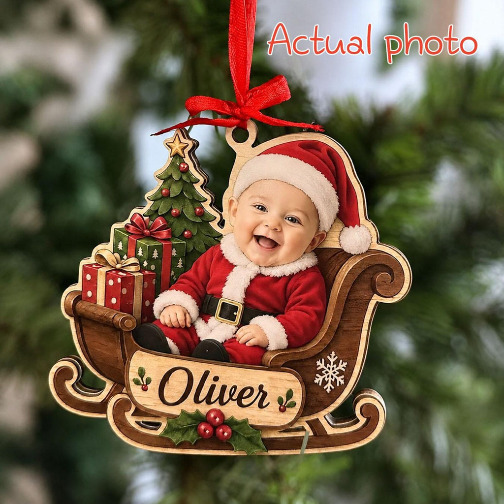 Personalized Baby First Christmas Ornament 2026, Custom Photo Wooden Stocking, Newborn Keepsake, Baby Boy Girl Holiday Gift	COBILUMIE113
