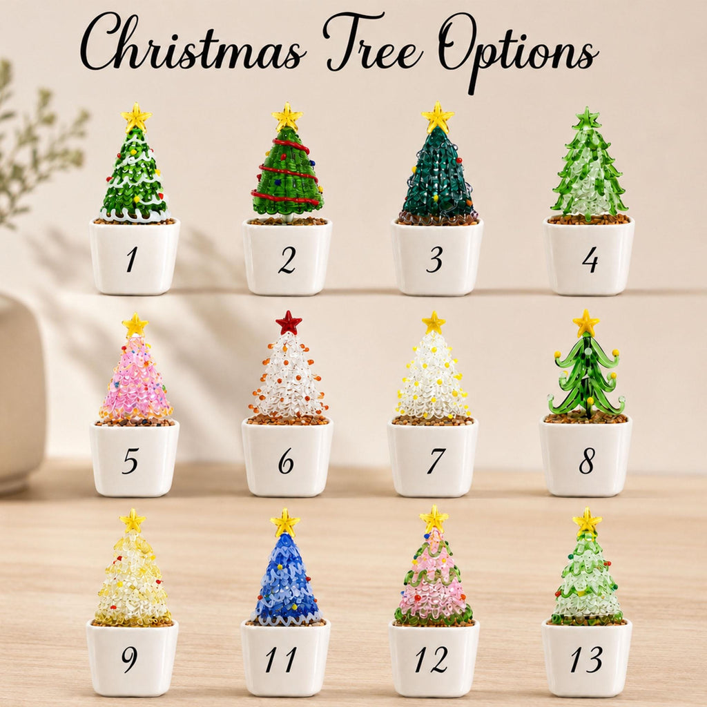 May include: A collection of twelve miniature glass Christmas tree figurines in white square pots, labeled 1 through 13, excluding 10. Each tree features a star topper and unique colors, including green, pink, white, yellow, blue, and multi-colored bead accents.