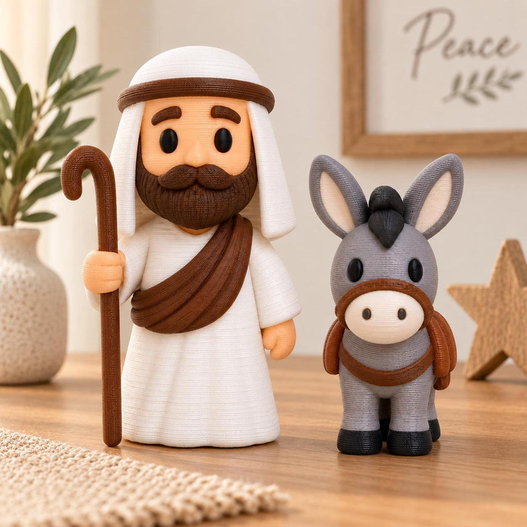 May include: A 3D printed figurine of a bearded figure wearing a white head covering and robe with a brown sash, holding a brown shepherd's crook, standing next to a small gray donkey figurine with a brown harness and black hooves.