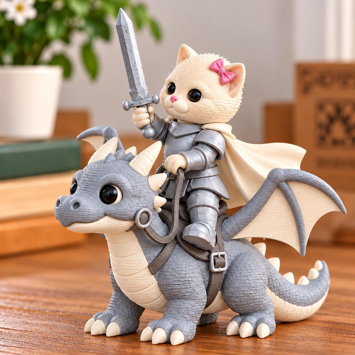 May include: A cream-colored cat figurine wearing silver armor and a pink bow, holding a gray sword while riding a gray and cream-colored dragon. The dragon features textured scales, horns, and a saddle with straps, while the cat wears a cape.
