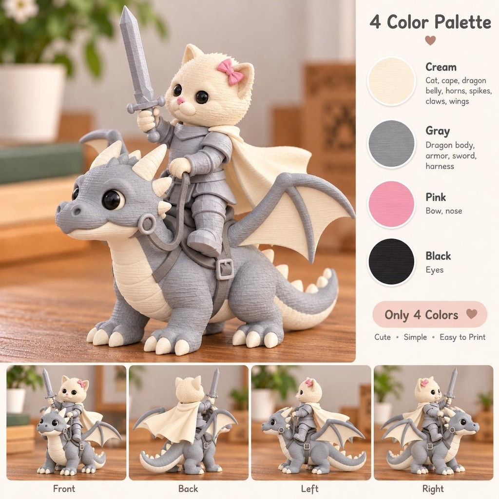 May include: A cream-colored cat figurine wearing gray armor and a pink bow, holding a gray sword while riding a gray and cream dragon. The image includes a 4 Color Palette chart with text labels for Cream, Gray, Pink, and Black colors.