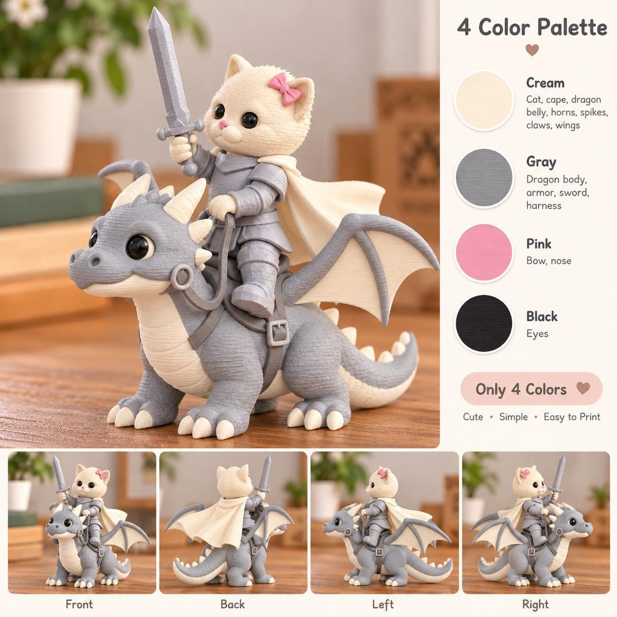May include: A cream-colored cat figurine wearing gray armor and a pink bow, holding a gray sword while riding a gray and cream dragon. The image includes a 4 Color Palette chart with text labels for Cream, Gray, Pink, and Black colors.