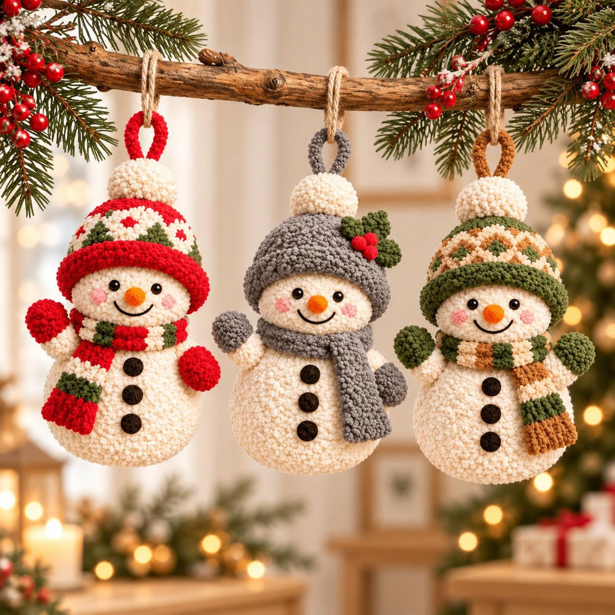May include: Three crocheted snowman ornaments hanging from a branch. Each snowman has a textured white body, three black buttons, an orange nose, and a unique hat and scarf set in red, gray, or green patterns with a pom-pom on top.