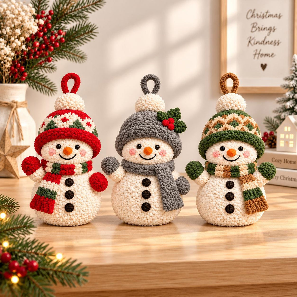 May include: Three crocheted snowman ornaments with textured white bodies and black button details. Each snowman wears a unique hat and scarf set: one in red and green, one in gray with holly, and one in green and brown with a geometric pattern.