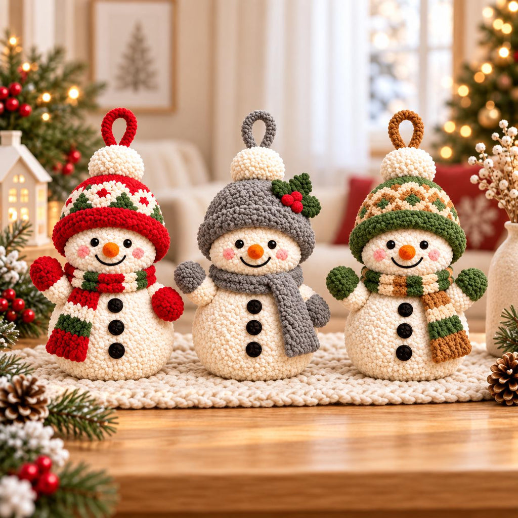 May include: Three crocheted snowman ornaments with textured white bodies, black button eyes, and orange noses. Each wears a unique hat and scarf: one in red and green, one in gray with holly, and one in green and brown with a patterned hat.