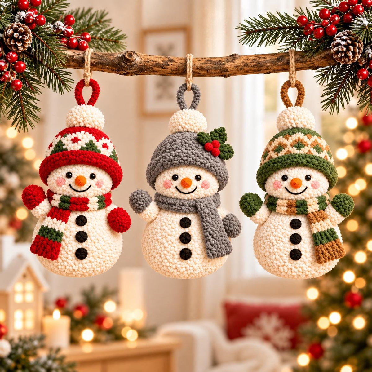 May include: Three crocheted snowman ornaments hanging from a branch. Each snowman has a textured white body, three black buttons, a carrot-colored nose, and a unique hat and scarf set in red, gray, or green patterns with a small pom-pom on top.