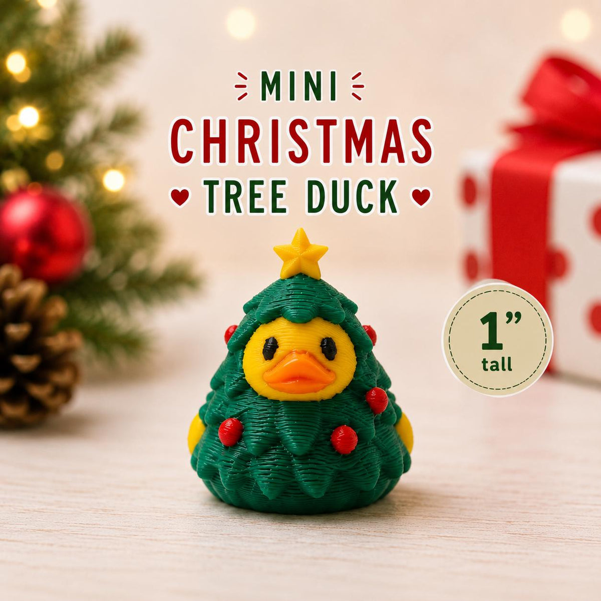 Mini Christmas Tree Duck, 1 inch 3D printed holiday rubber duck collectible with green Christmas tree design, red ornaments and yellow star, miniature Christmas cruise duck for hiding, stocking stuffers and holiday gifts.