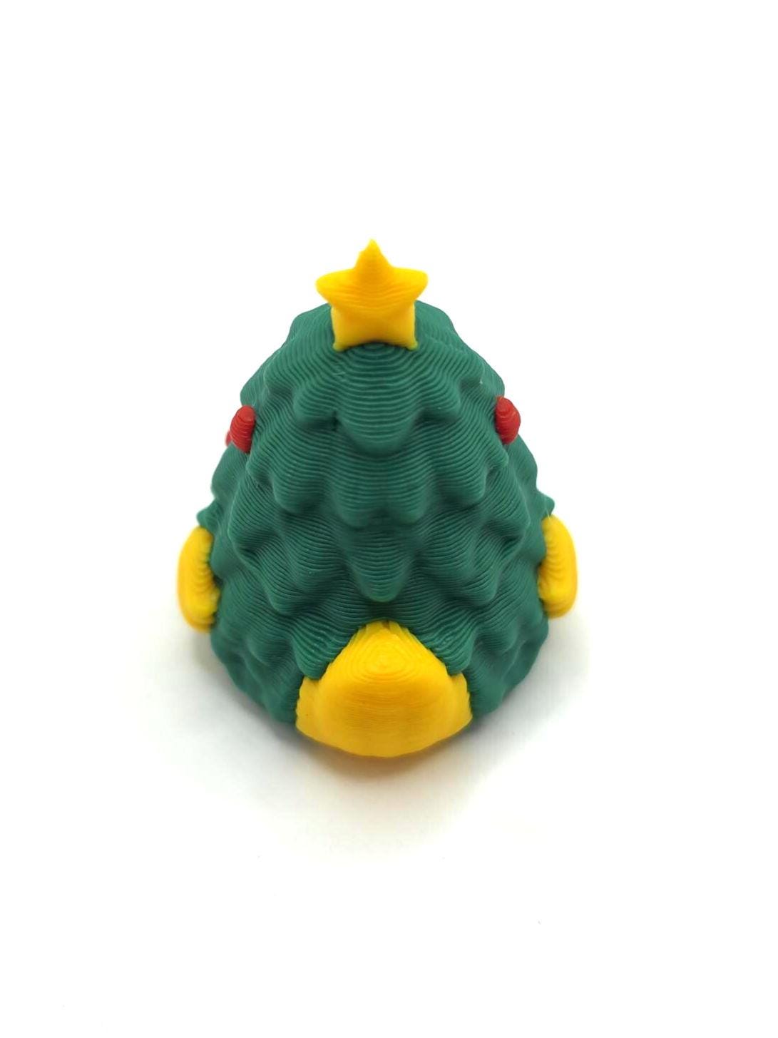 Mini Christmas Tree Duck, 1 inch 3D printed holiday rubber duck collectible with green Christmas tree design, red ornaments and yellow star, miniature Christmas cruise duck for hiding, stocking stuffers and holiday gifts.