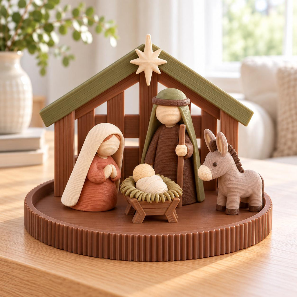 May include: A nativity scene set on a round brown base featuring a wooden stable with a star at the peak. The figures include a person in a peach robe, a person in a brown robe with a staff, a baby in a manger, and a small gray donkey.