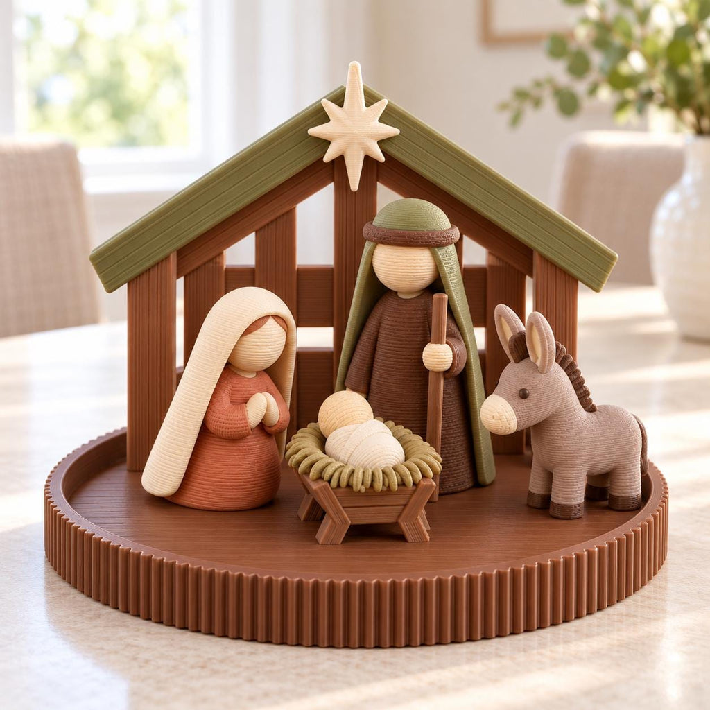 May include: A nativity scene set featuring a brown stable with a green roof and a star topper. The figures include a person in a peach robe, a person in a brown robe with a staff, a baby in a manger, and a brown donkey, all on a round base.