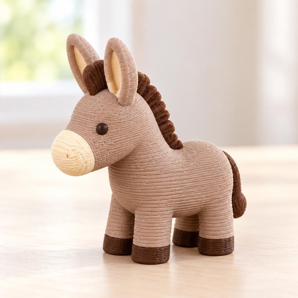 May include: A small donkey figurine with a textured, light brown body, a cream-colored muzzle, and dark brown hooves, mane, and tail. The figure features a smooth, rounded design with a dark brown eye and upright, pointed ears.