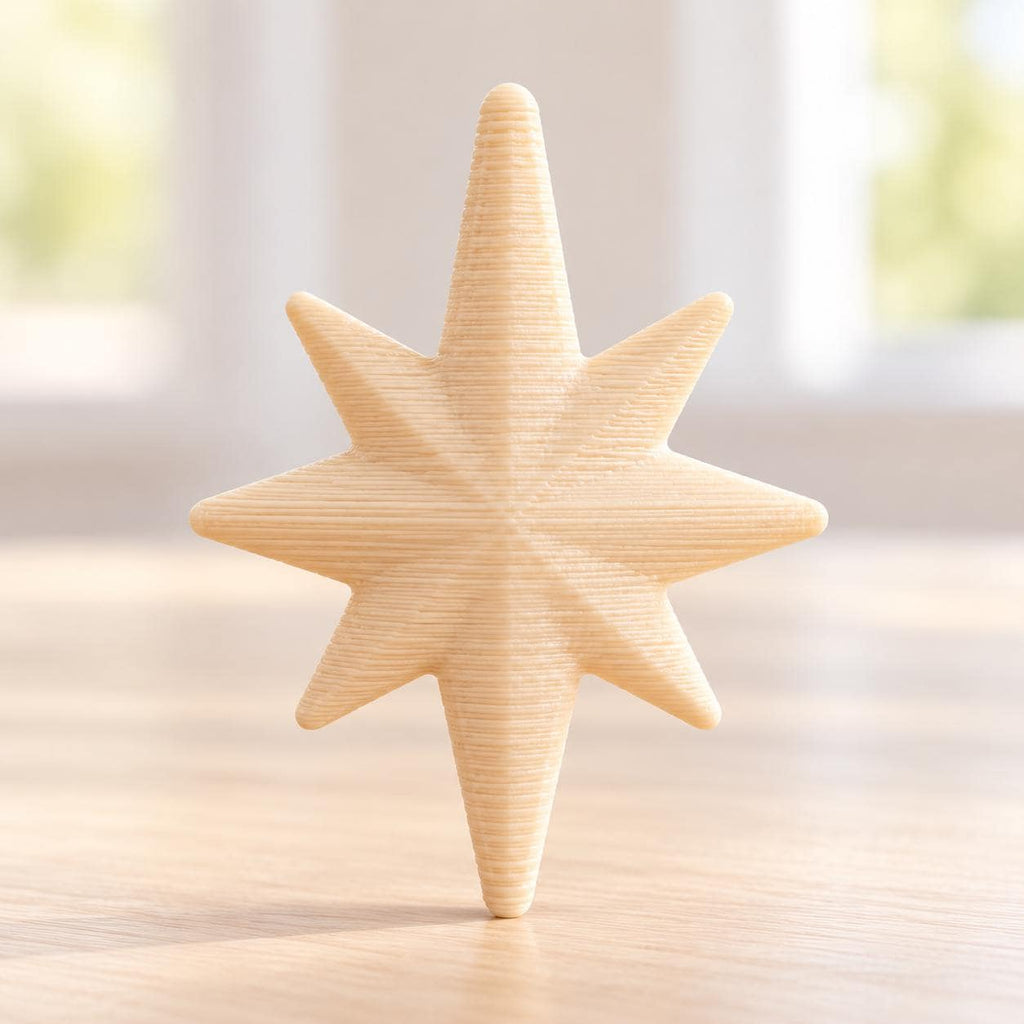 May include: A light beige, eight-pointed star ornament with a textured, layered surface. The star features a symmetrical design with four long points and four shorter points radiating from a central raised point, creating a three-dimensional shape.