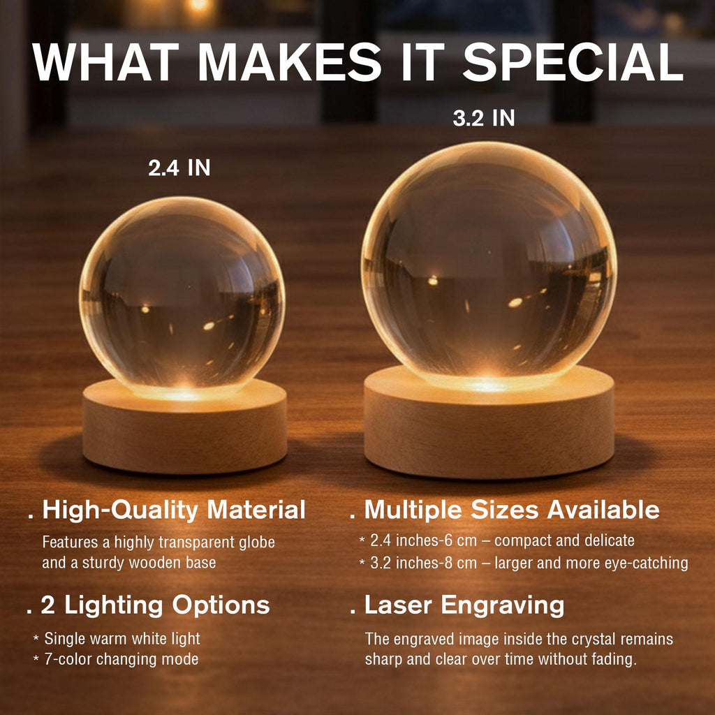 May include: Two transparent crystal globes on light wooden bases. The smaller globe is 2.4 inches and the larger is 3.2 inches. Text reads: WHAT MAKES IT SPECIAL, High-Quality Material, Multiple Sizes Available, 2 Lighting Options, Laser Engraving.