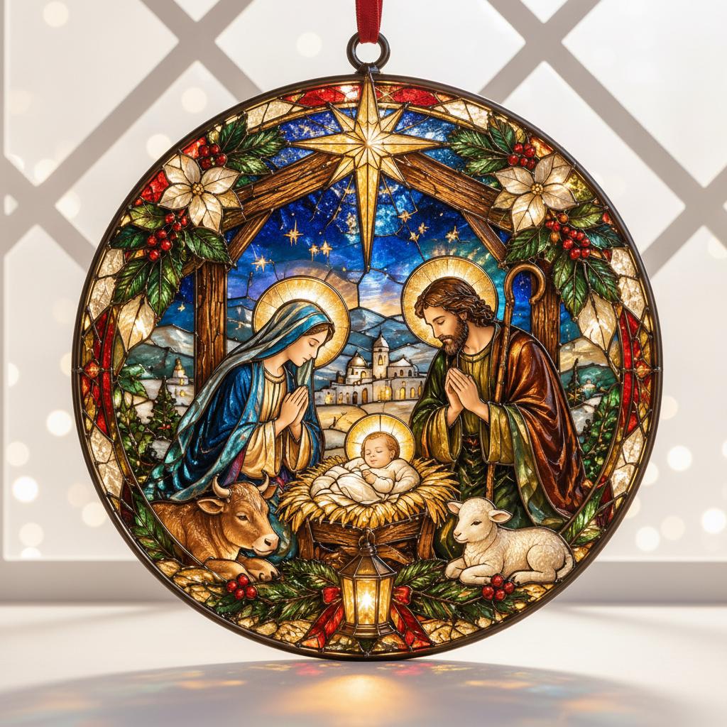 May include: A circular stained glass ornament depicting a nativity scene with Mary, Joseph, and the infant Jesus in a manger. The design features a bright star, a cow, a lamb, and a lantern, framed by holly leaves and red berries with a red ribbon.