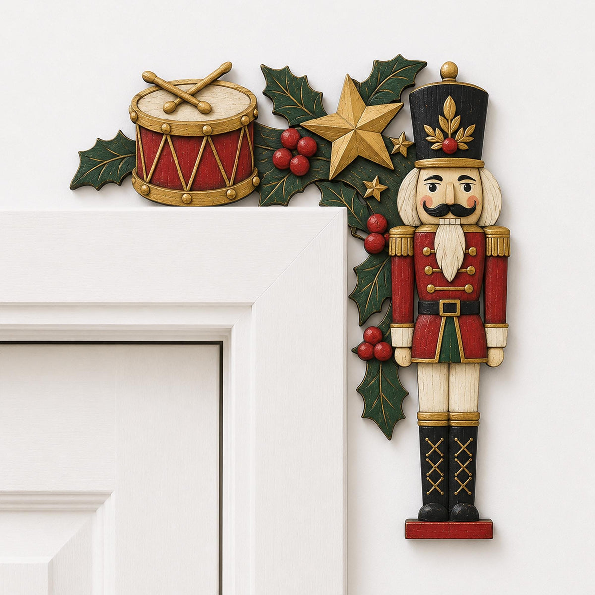 May include: A decorative wooden door corner accent featuring a nutcracker soldier in a red and black uniform, a red drum with two drumsticks, a gold star, and green holly leaves with red berries, designed to fit along the top corner of a door frame.