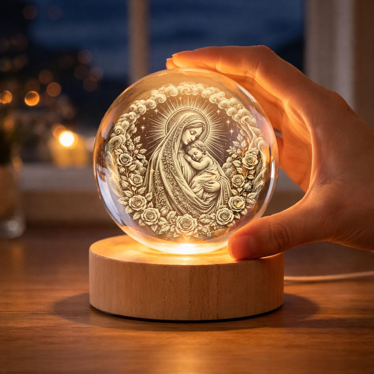 May include: A clear glass sphere featuring an internal laser-etched engraving of a woman holding a child, surrounded by a circular floral wreath. The sphere rests on a cylindrical light-colored wooden base that illuminates the glass from below.
