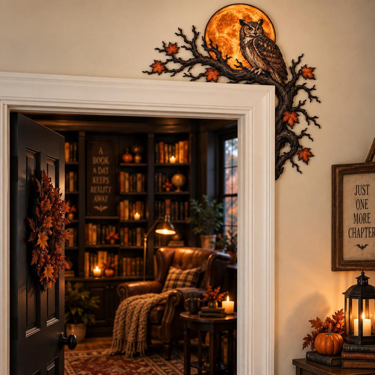 May include: A decorative door corner accent featuring a dark brown tree branch with orange autumn leaves and a perched owl. Behind the owl is a circular, glowing orange full moon. The piece is mounted on the upper right corner of a white door frame.