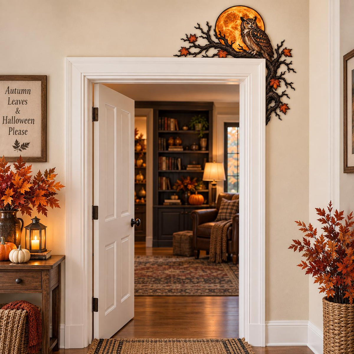 May include: A decorative wall accent featuring a perched owl on a dark branch with orange autumn leaves and a large glowing moon, positioned in the upper corner of a white door frame, complementing a room with fall-themed decor and furniture.