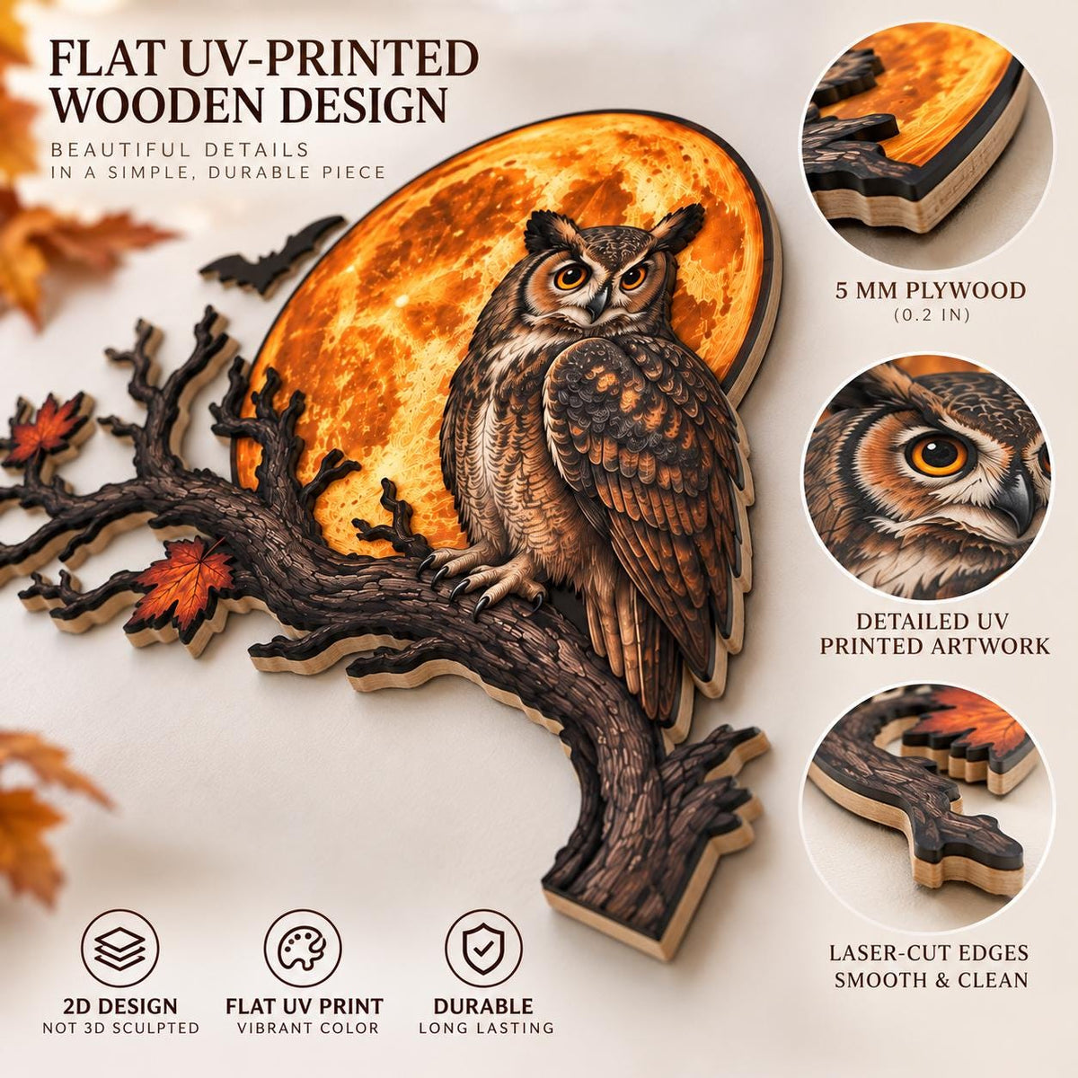 May include: A flat UV-printed wooden wall art piece featuring an owl perched on a tree branch against a large orange moon. The design includes autumn leaves and bats, with 5 mm plywood construction, laser-cut edges, and detailed printed artwork.