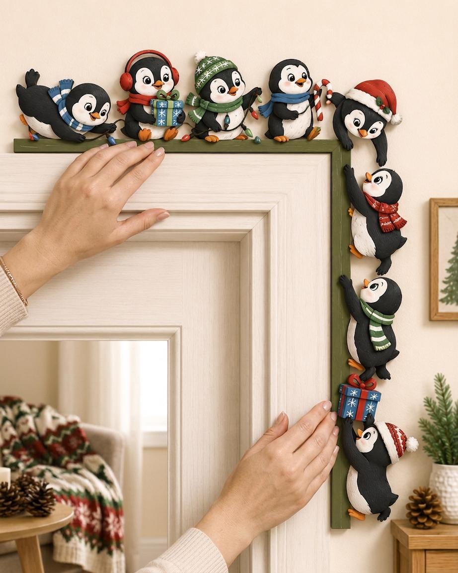 May include: A decorative green L-shaped door frame topper featuring nine black and white penguin figurines. The penguins are adorned with colorful winter accessories including scarves, hats, and earmuffs, while holding holiday gifts and candy canes.