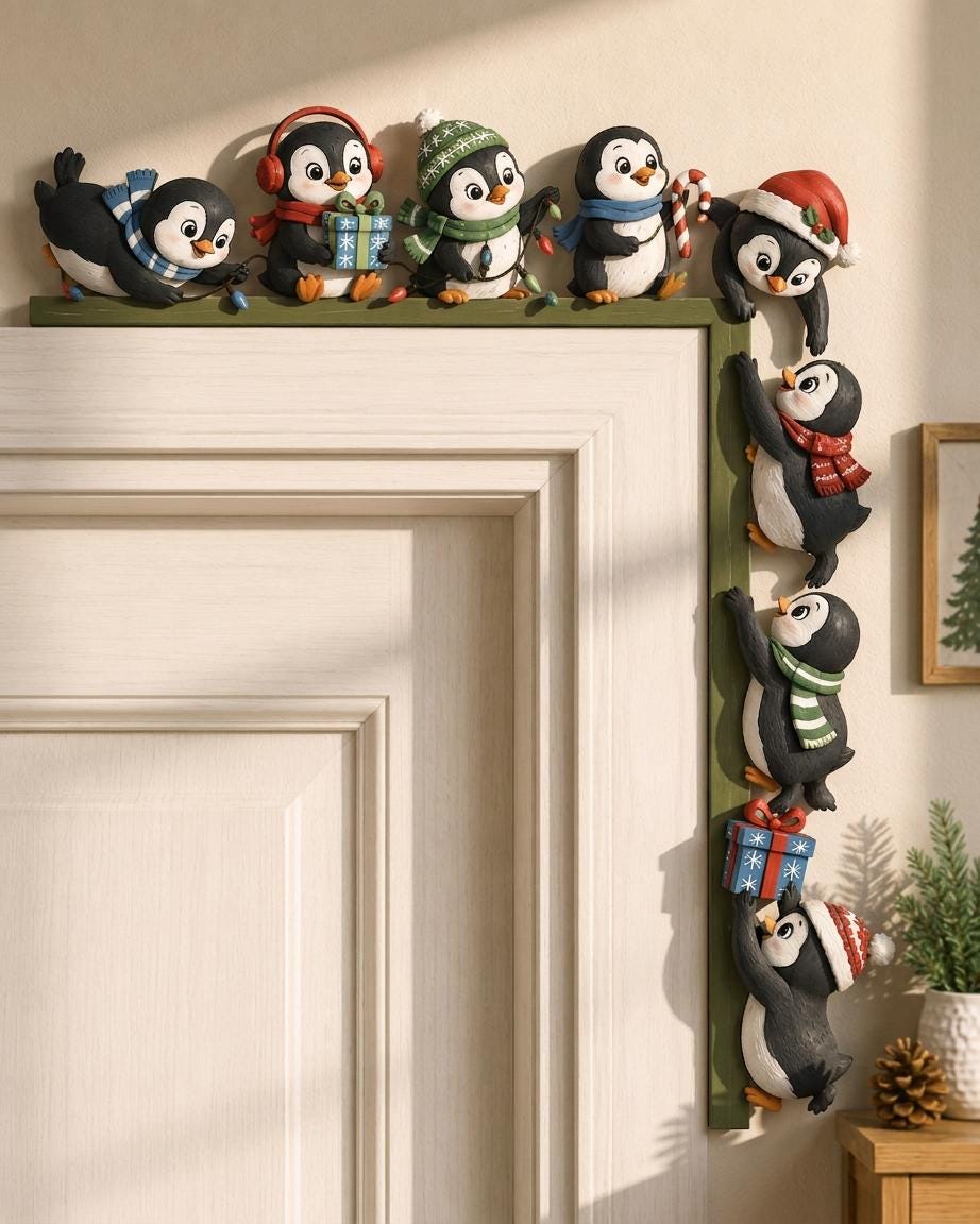 May include: A decorative door frame topper featuring a series of black and white penguin figurines. The penguins are adorned with colorful winter accessories like scarves, hats, and earmuffs, while holding holiday items like gifts and lights.