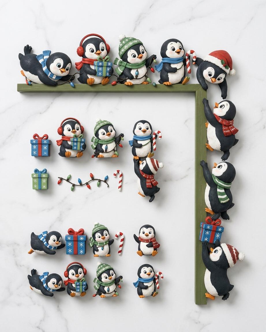 May include: A collection of small, decorative penguin figurines in various poses, some wearing winter hats and scarves, holding gifts or candy canes. The set includes a green L-shaped frame piece for mounting, featuring penguins climbing along the edges.