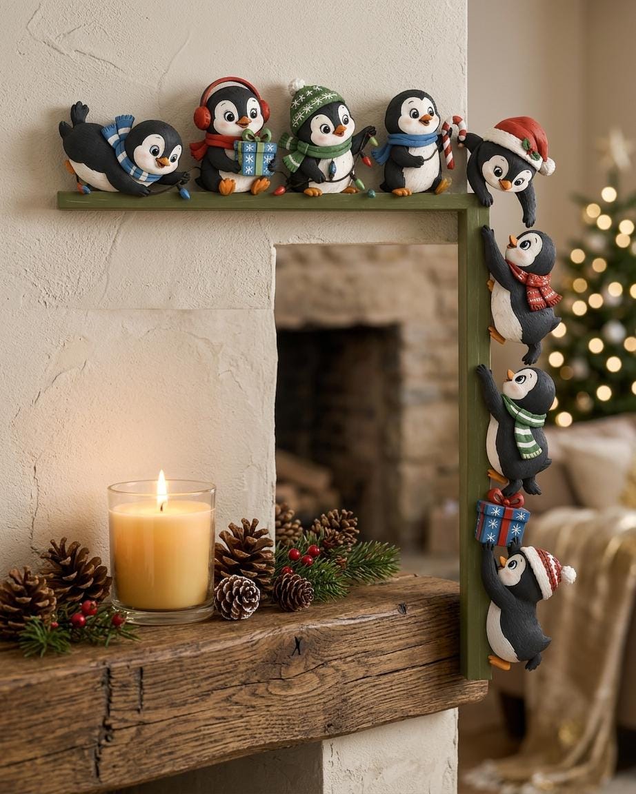 May include: A decorative L-shaped green frame featuring nine penguin figurines in various poses. The penguins wear winter accessories like scarves, earmuffs, and hats, with some holding gifts, candy canes, or string lights. The frame is designed to sit on a corner edge.