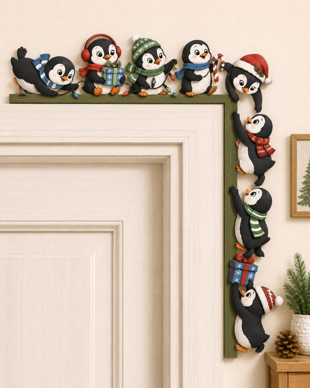 May include: A decorative L-shaped green door frame topper featuring nine black and white penguin figures. The penguins are adorned with colorful winter accessories including scarves, hats, earmuffs, and gift boxes, while some hold candy canes.