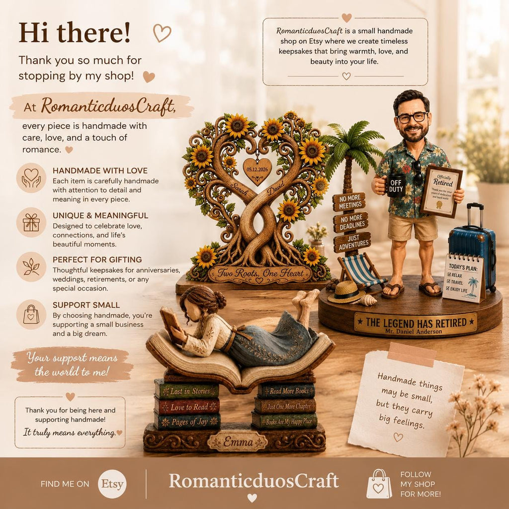 May include: A collection of three decorative figurines: a heart-shaped tree sculpture with sunflowers, a retired person figurine with a palm tree and sign, and a person reading a book atop a stack of books, all featuring personalized text.