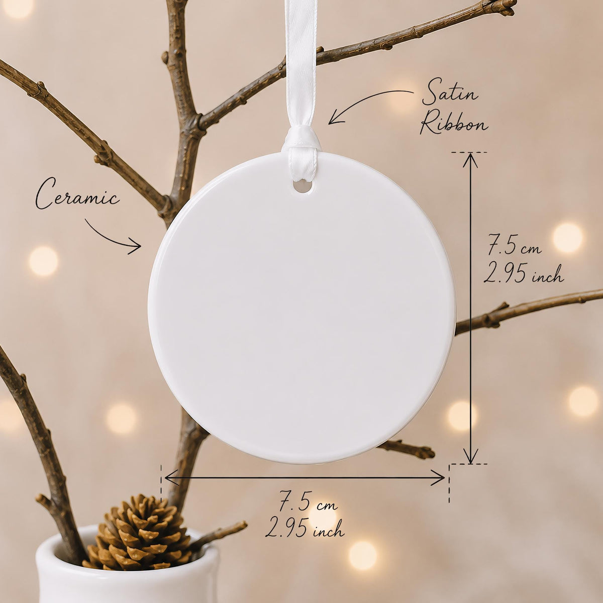 May include: A round white ceramic ornament hanging from a white satin ribbon. The ornament has a diameter of 2.95 inches and a height of 2.95 inches. The surface is smooth and blank, featuring a small hole at the top for the ribbon attachment.