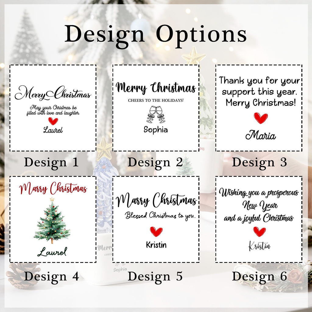 May include: A grid of six square design options for Christmas gifts, each featuring black text, holiday greetings, and red heart icons. Designs include names like Laurel, Sophia, Maria, and Kristin, with various festive phrases and a small Christmas tree graphic.