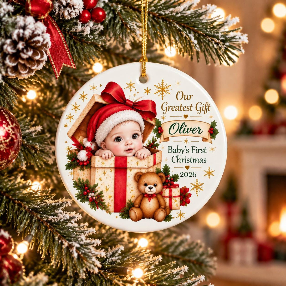 May include: A round white ceramic Christmas ornament featuring a baby in a Santa hat inside a gift box, a teddy bear, and the text Our Greatest Gift Oliver Baby's First Christmas 2026, decorated with gold snowflakes and red holly berries.