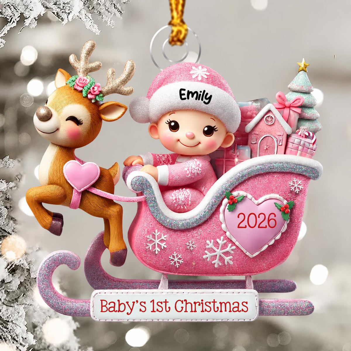 May include: A Christmas ornament featuring a reindeer pulling a pink sleigh with a baby wearing a pink hat labeled Emily. The sleigh displays a heart with 2026 and a banner reading Baby's 1st Christmas. The design includes gifts and a tree.