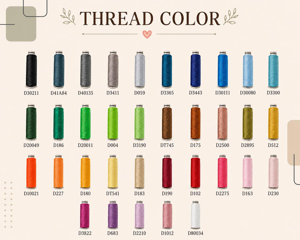 May include: A color chart displaying forty-one spools of embroidery thread arranged in rows. Each spool is labeled with a unique alphanumeric code, such as D30211 or D80034. The text THREAD COLOR is centered at the top with decorative leaf icons.