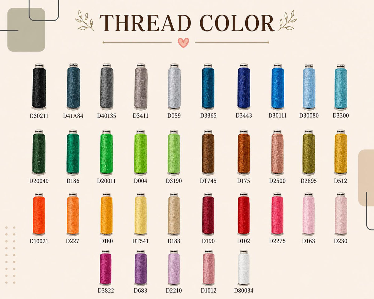 May include: A color chart displaying forty-one spools of embroidery thread arranged in rows. Each spool is labeled with a unique alphanumeric code, such as D30211 or D80034. The text THREAD COLOR is centered at the top with decorative leaf icons.