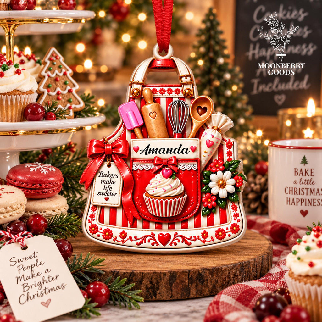 May include: A red and white striped apron-shaped Christmas ornament featuring a pocket with a cupcake, a rolling pin, a whisk, a spatula, and a wooden spoon. The ornament displays the name Amanda, a red bow, and a tag reading Bakers make life sweeter.