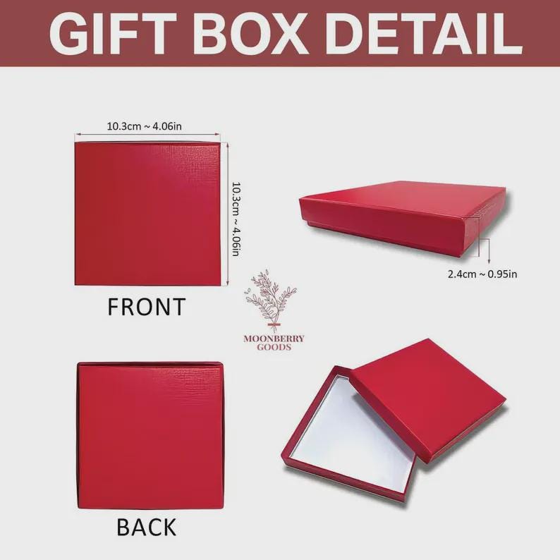 May include: A square red gift box with a textured finish. The box measures 4.06 inches by 4.06 inches with a height of 0.95 inches. The image displays the front, back, and an open view of the box with a white interior, labeled Moonberry Goods.
