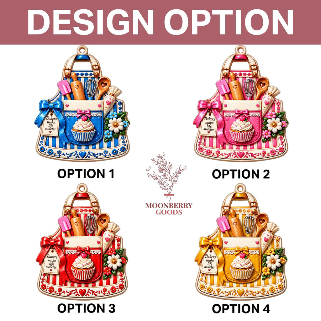 May include: Four apron-shaped ornaments in blue, pink, red, and yellow, each featuring vertical stripes, a pocket with a cupcake, a bow, and baking tools like a rolling pin, whisk, and spoon. Each ornament includes a tag reading Bakers make life sweeter.