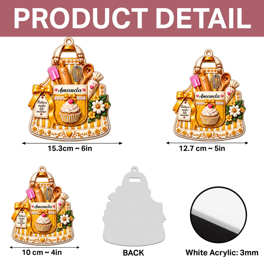 May include: Three apron-shaped ornaments in yellow and white stripes with baking tools, a cupcake, and the name Amanda. Sizes are 6 inches, 5 inches, and 4 inches wide. Includes a plain white back view and a cross-section showing 3mm white acrylic.
